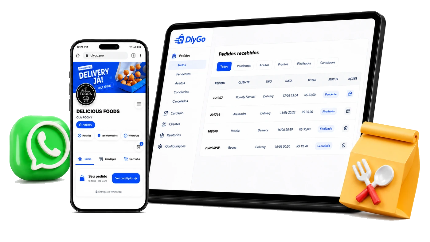 Cardápio online e painel de pedidos da DlyGo em celular e tablet